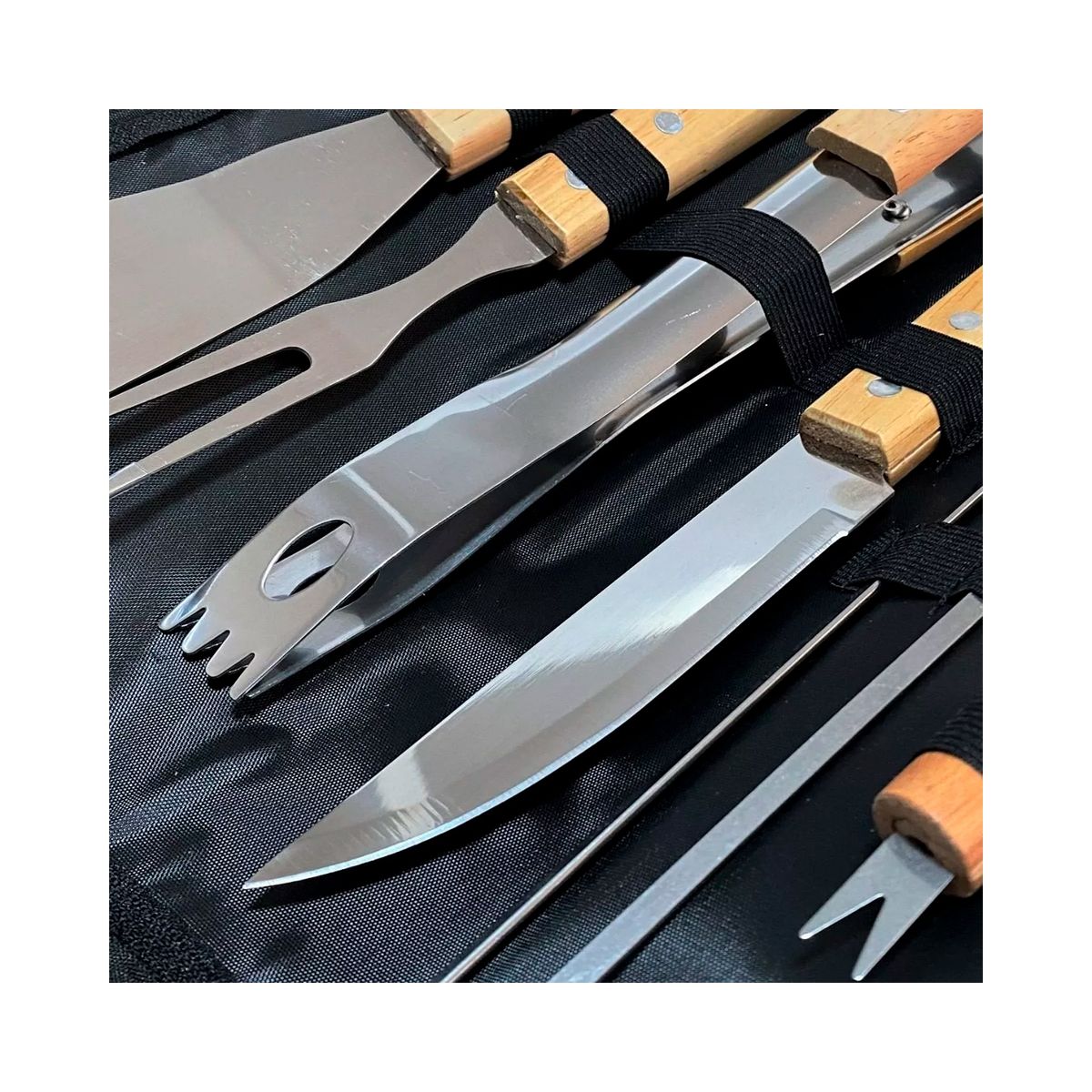 GENERICO - Set Parrilla Asado 10 Utensilios Con Madera Y Bolso