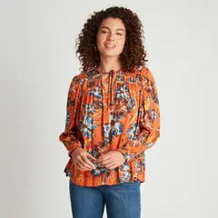 CURVI - Blusa Estampada Con Botones Naranja Mujer
