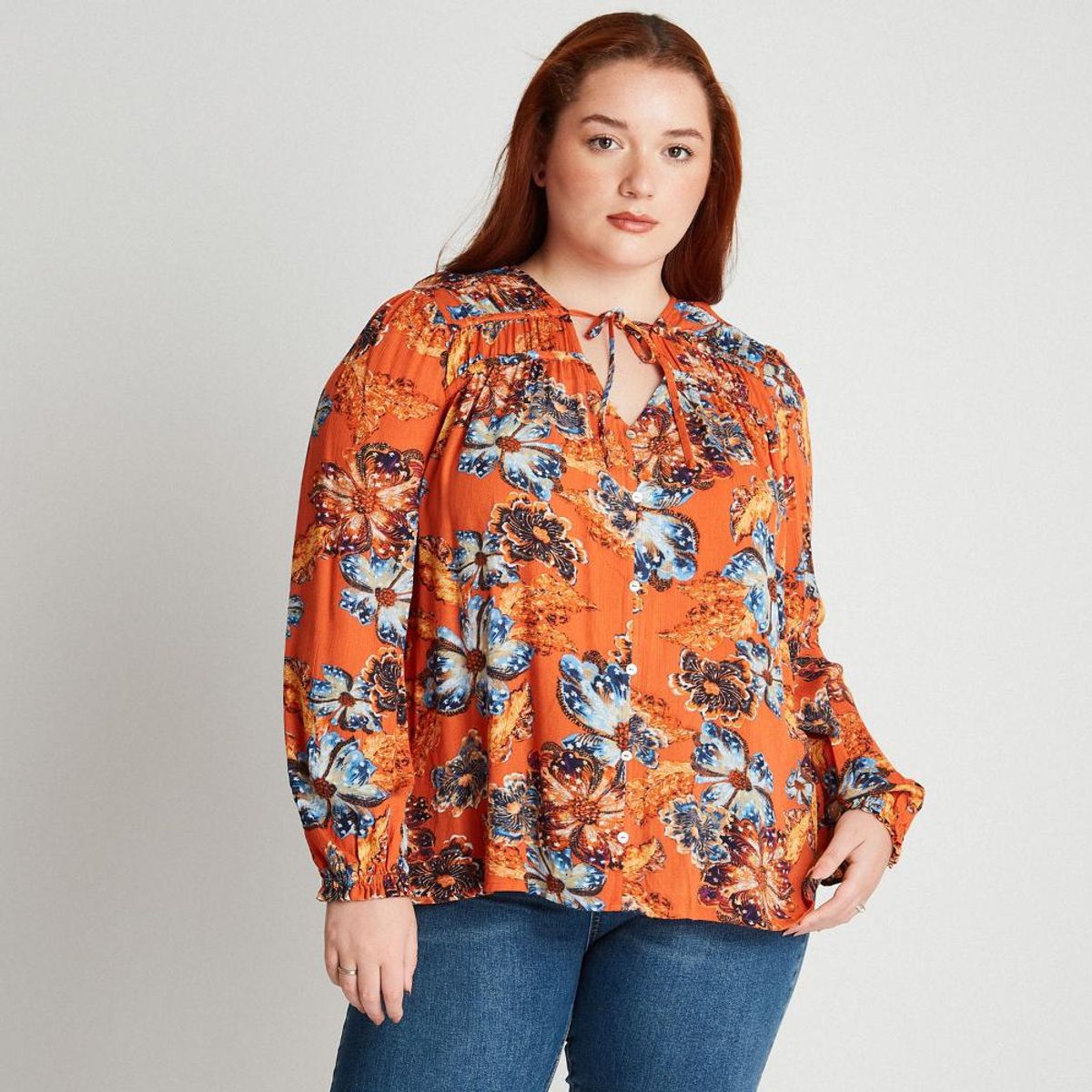 CURVI - Blusa Estampada Con Botones Naranja Mujer Curvi