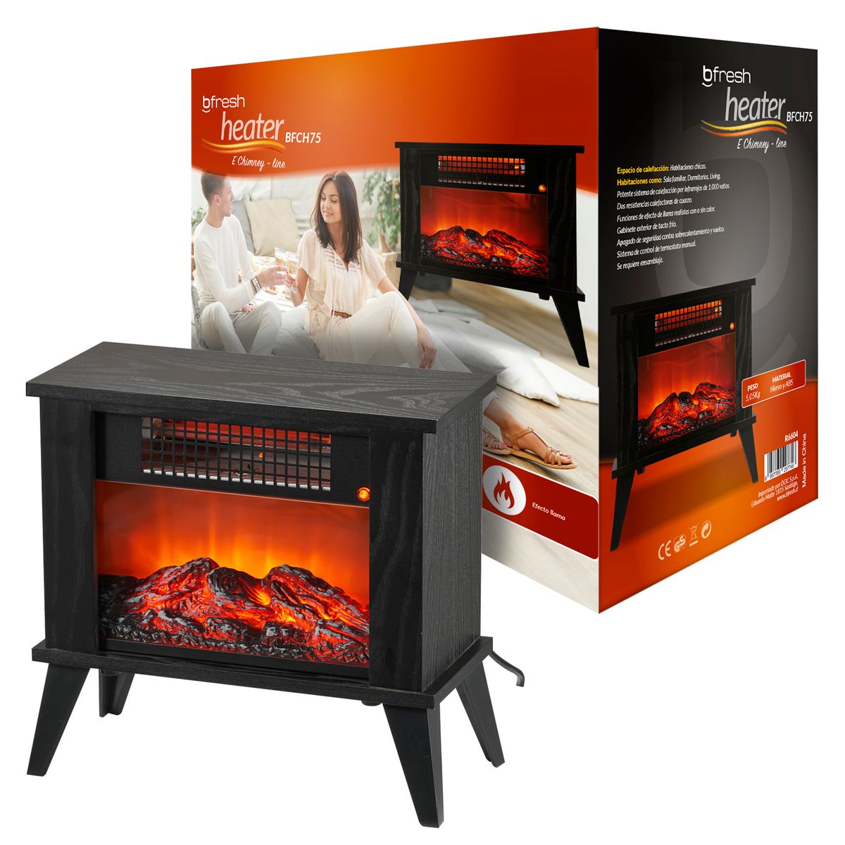 B FRESH - Chimenea Eléctrica Estufa Calefacción 1000W Negra
