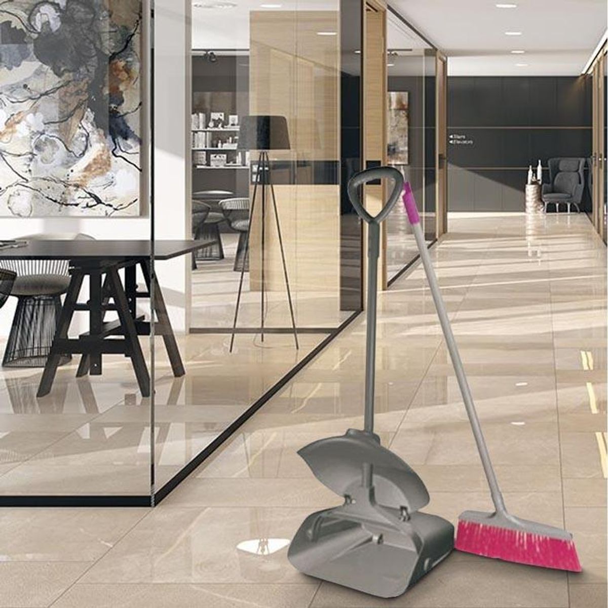 IMAHE - PALA BASURA ALUMINIO C/TAPA NEGRA Y ESCOBA IMAHE