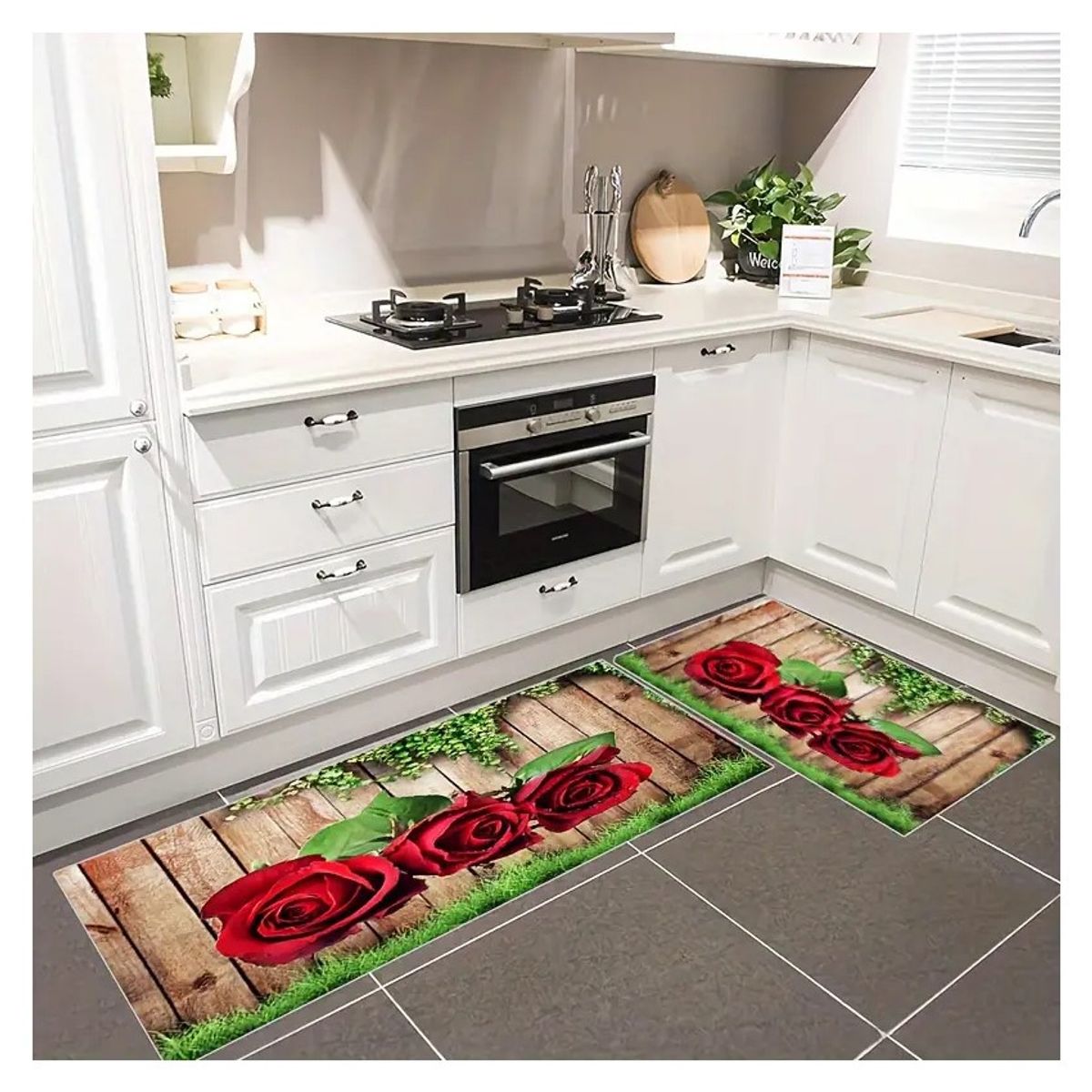 GENERICO - Set Alfombras Cocina Decoración Rosas Rojas Antideslizante