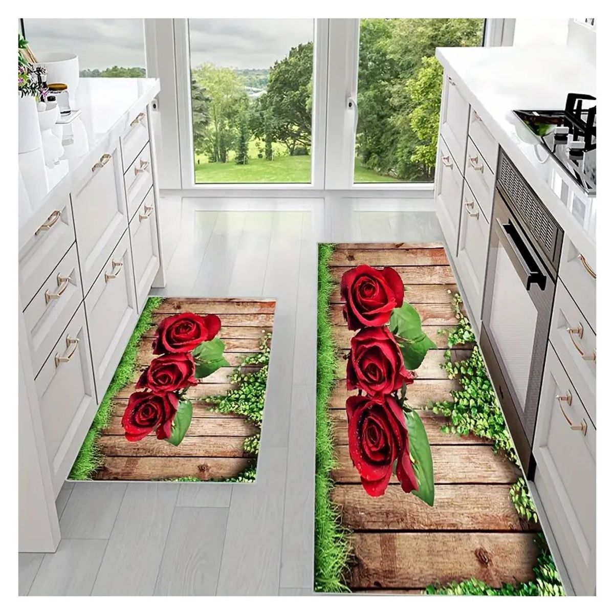 GENERICO - Set Alfombras Cocina Decoración Rosas Rojas Antideslizante