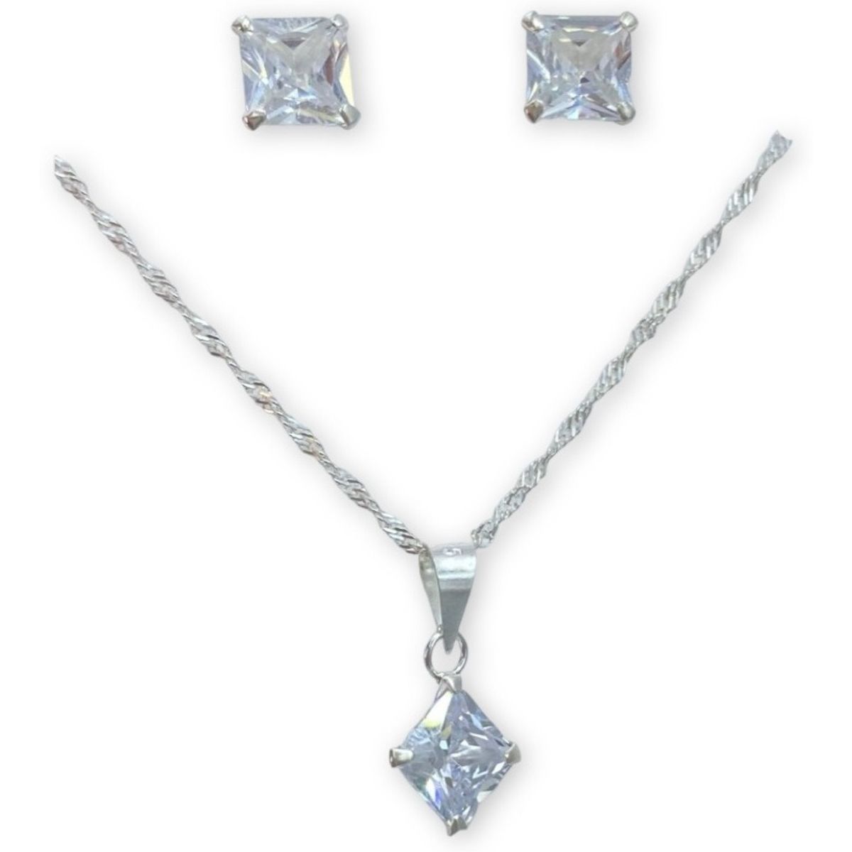 GENERICO - Conjunto Collar Dije Aros Punto Luz Cuadrado Plata Fina 925