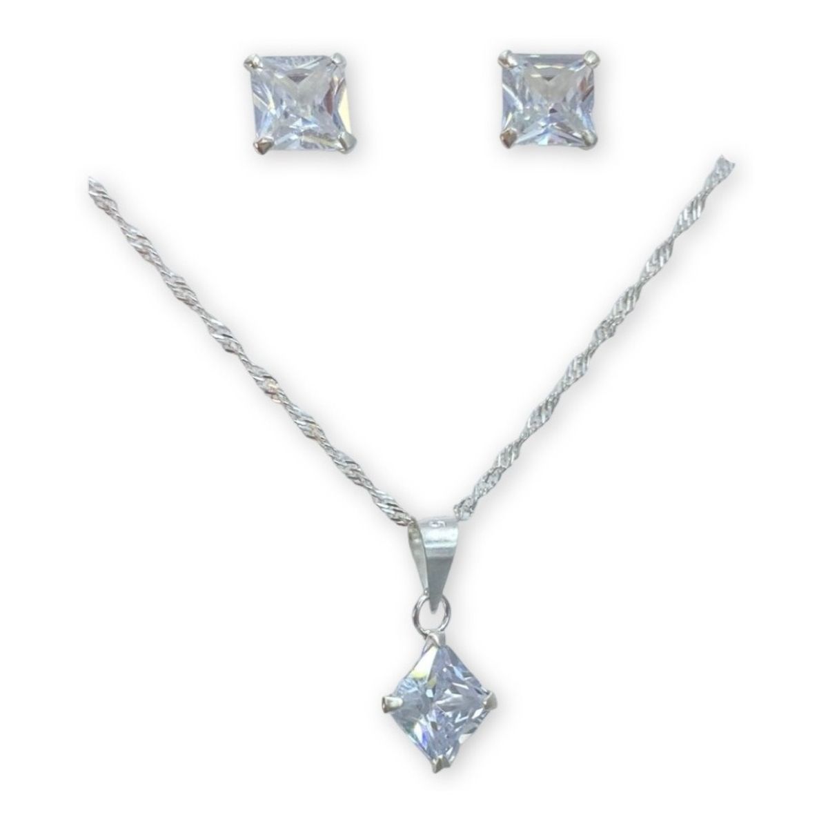GENERICO - Conjunto Collar Dije Aros Punto Luz Cuadrado Plata Fina 925