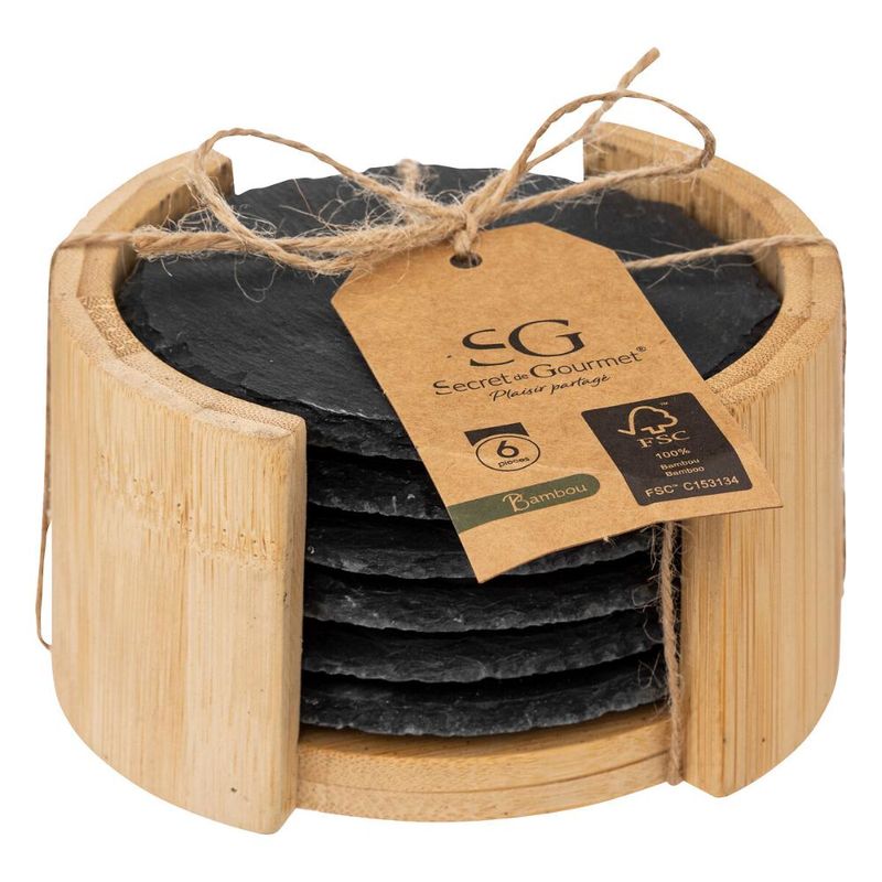 ATMOSPHERA - SET 6 POSAVASOS PIEDRA PIZARRA 10 CM DIAMETRO CON SOPORTE ATMOSPHERA