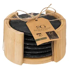 ATMOSPHERA - SET 6 POSAVASOS PIEDRA PIZARRA 10 CM DIAMETRO CON SOPORTE
