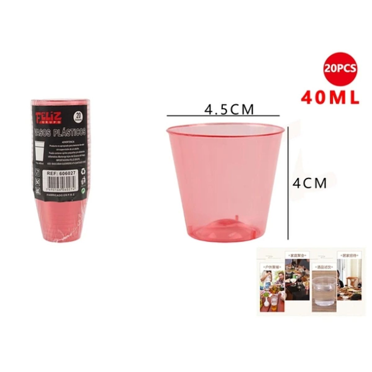 GENERICO - Vasos Plásticos Shot Rojo 40ML 20Pcs