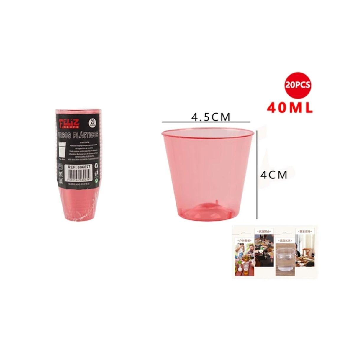 GENERICO - Vasos Plásticos Shot Rojo 40ML 20Pcs