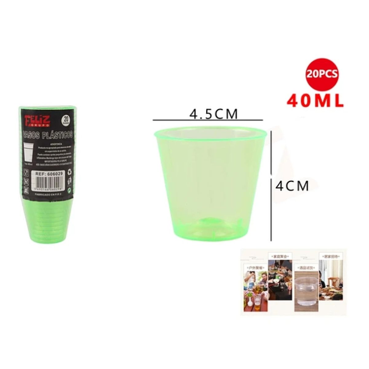 GENERICO - Vasos Plásticos Shot Verde 40ML 20Pcs