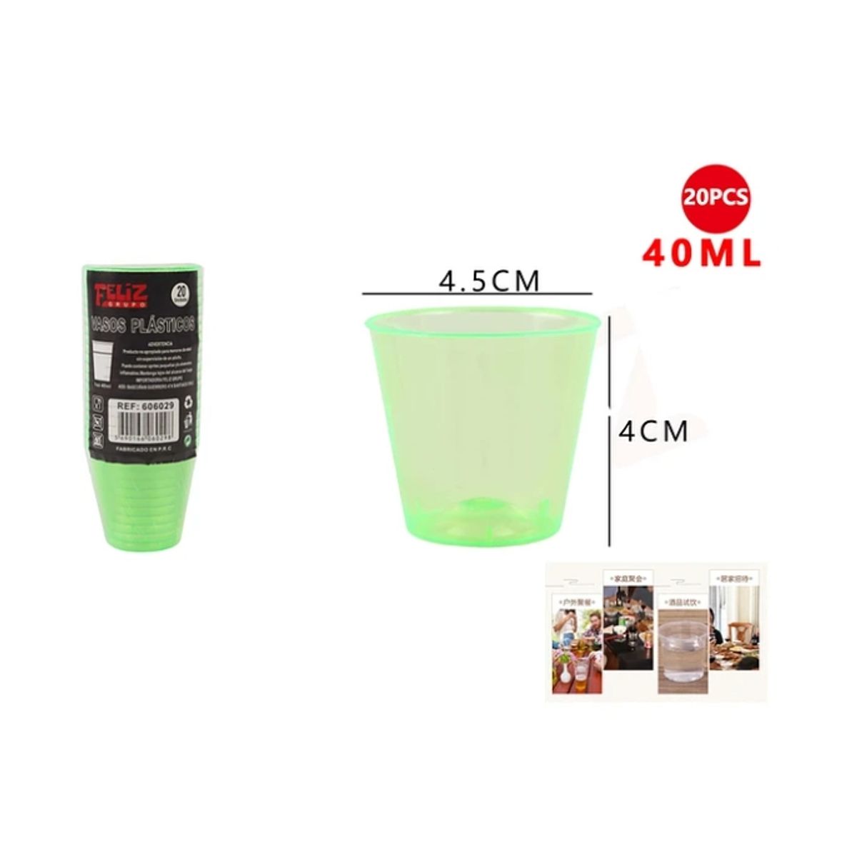 GENERICO - Vasos Plásticos Shot Verde 40ML 20Pcs
