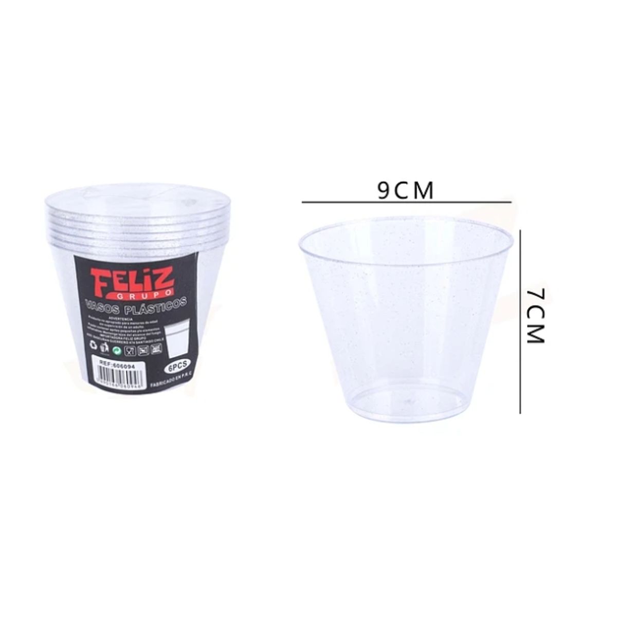 GENERICO - Vasos Plásticos Transparente Brillos Plateado 9x7Cm 6Pcs
