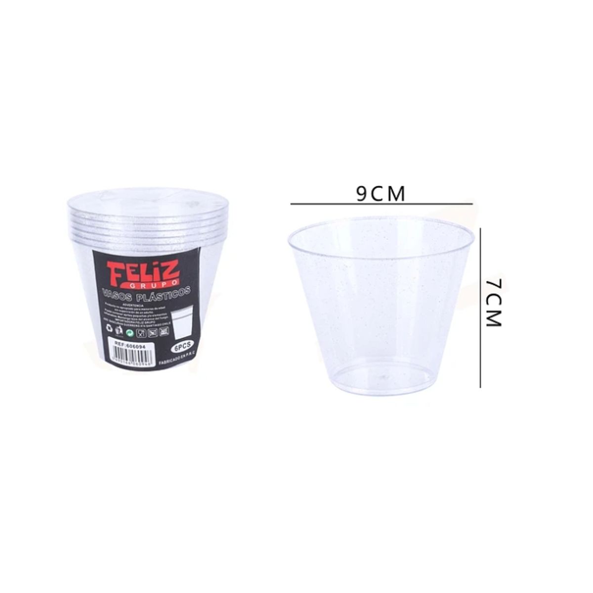 GENERICO - Vasos Plásticos Transparente Brillos Plateado 9x7Cm 6Pcs