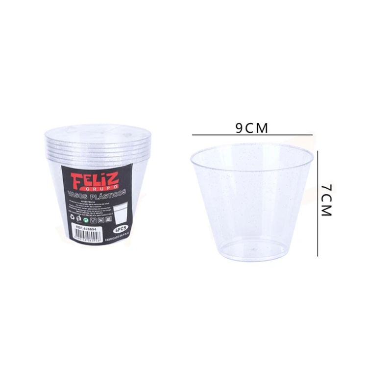 GENERICO - Vasos Plásticos Transparente Brillos Plateado 9x7Cm 6Pcs