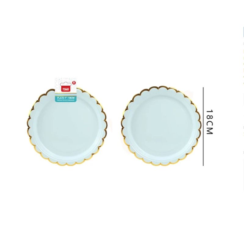 GENERICO - Platos Celeste Con Detalle Dorado 18Cm 6Pcs