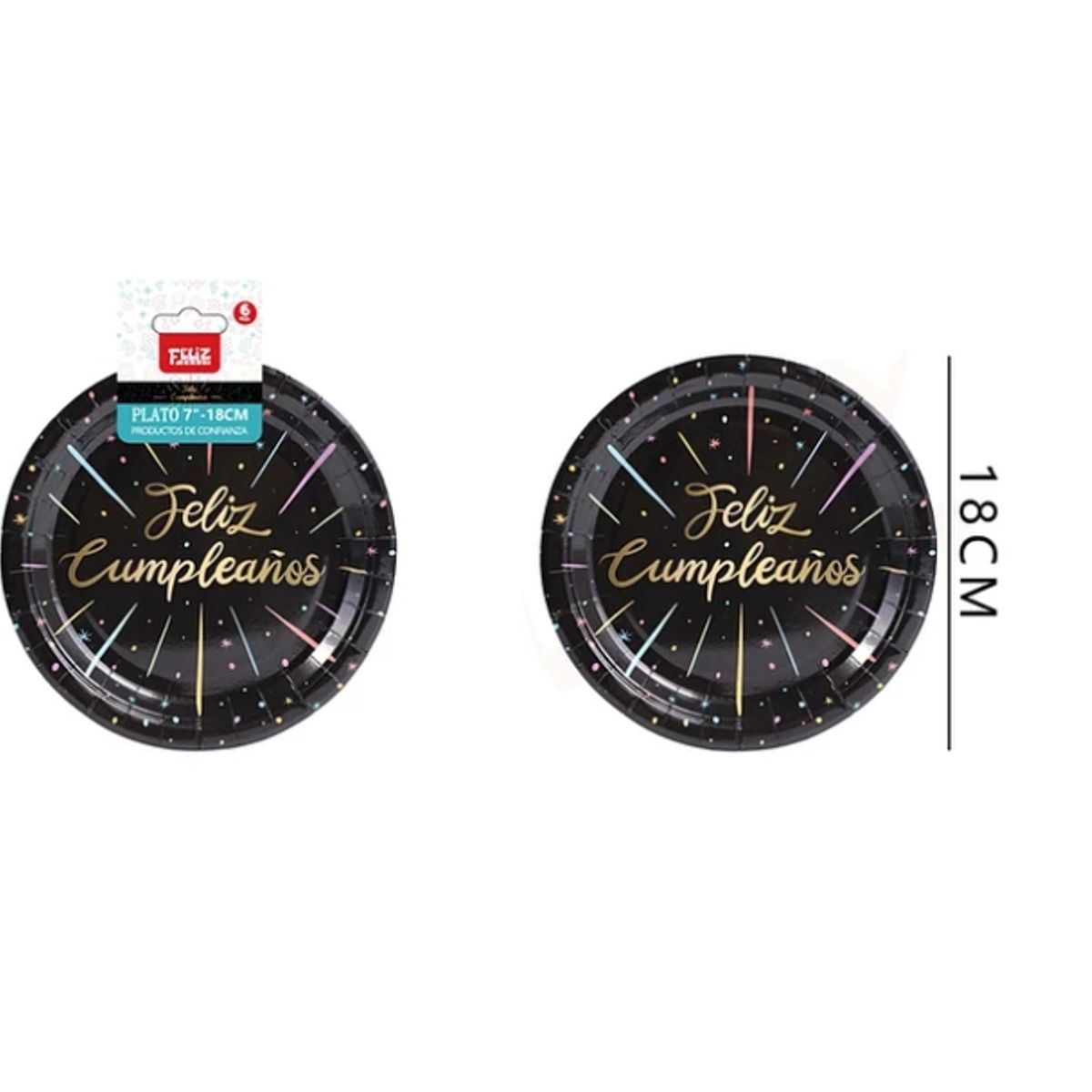 GENERICO - Platos Feliz Cumpleaños 18 Cm 6 Pcs Negro