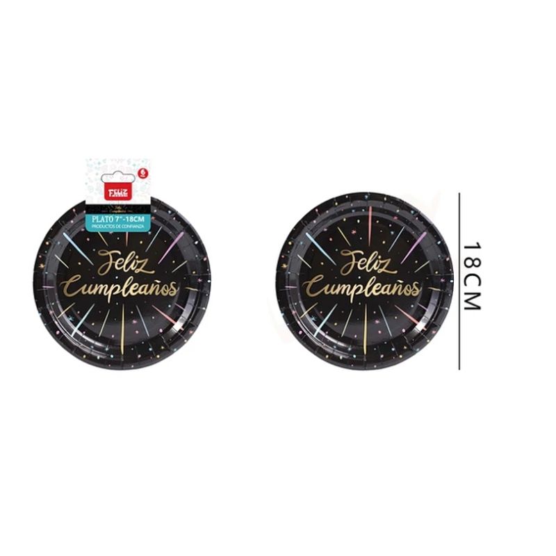 GENERICO - Platos Feliz Cumpleaños 18 Cm 6 Pcs Negro