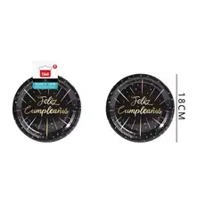 GENERICO - Platos Feliz Cumpleaños 18 Cm 6 Pcs Negro