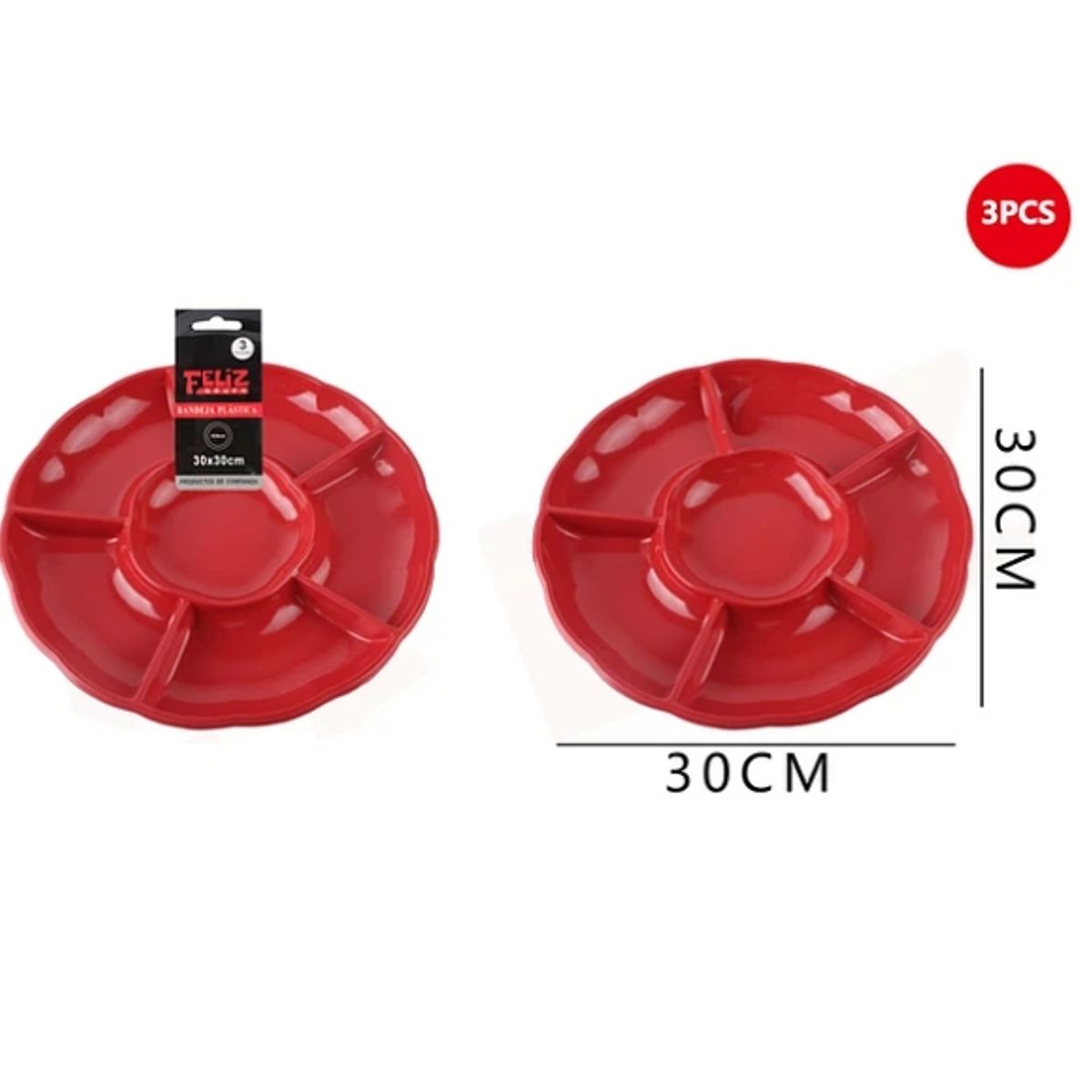 GENERICO - Bandeja Plástica Con Divisiones Rojo 3Pcs 30Cm