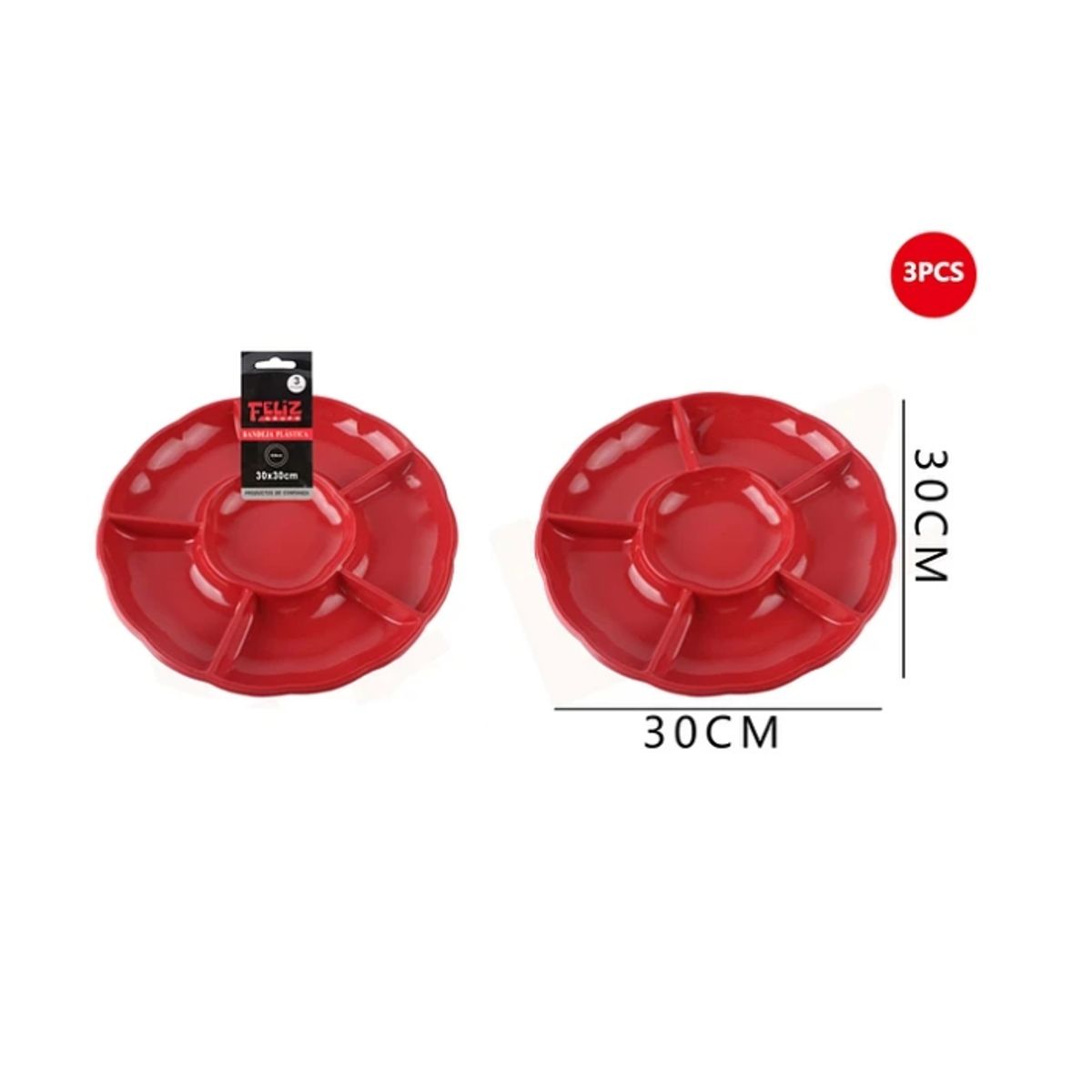 GENERICO - Bandeja Plástica Con Divisiones Rojo 3Pcs 30Cm