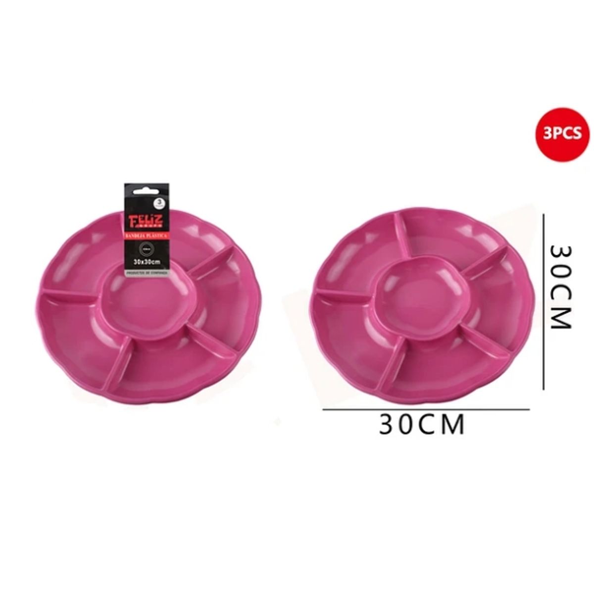 GENERICO - Bandeja Plástica Con Divisiones Fucsia 3Pcs 30Cm