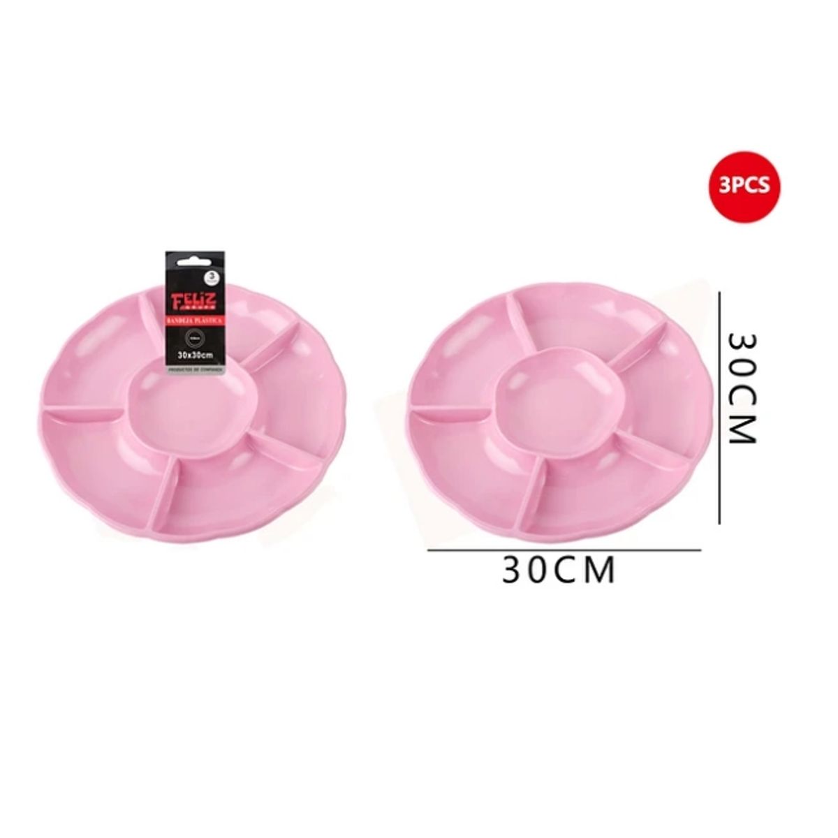 GENERICO - Bandeja Plástica Con Divisiones Rosado 3Pcs 30Cm