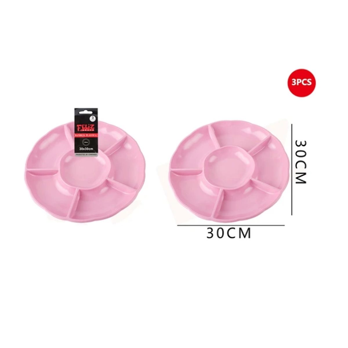 GENERICO - Bandeja Plástica Con Divisiones Rosado 3Pcs 30Cm