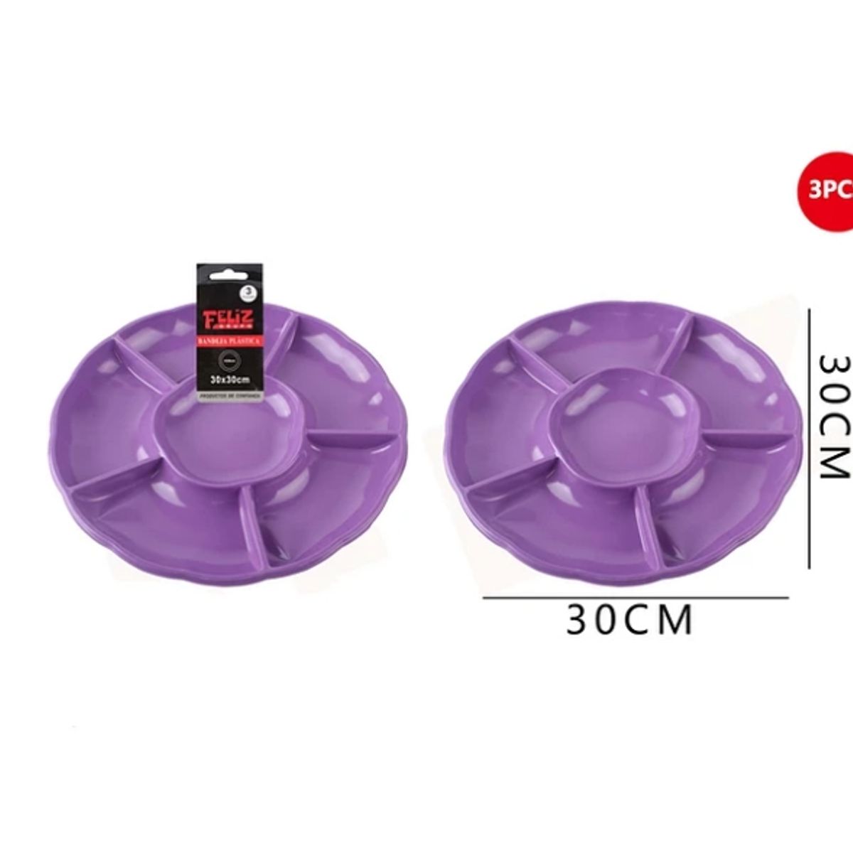 GENERICO - Bandeja Plástica Con Divisiones Morado 3Pcs 30Cm