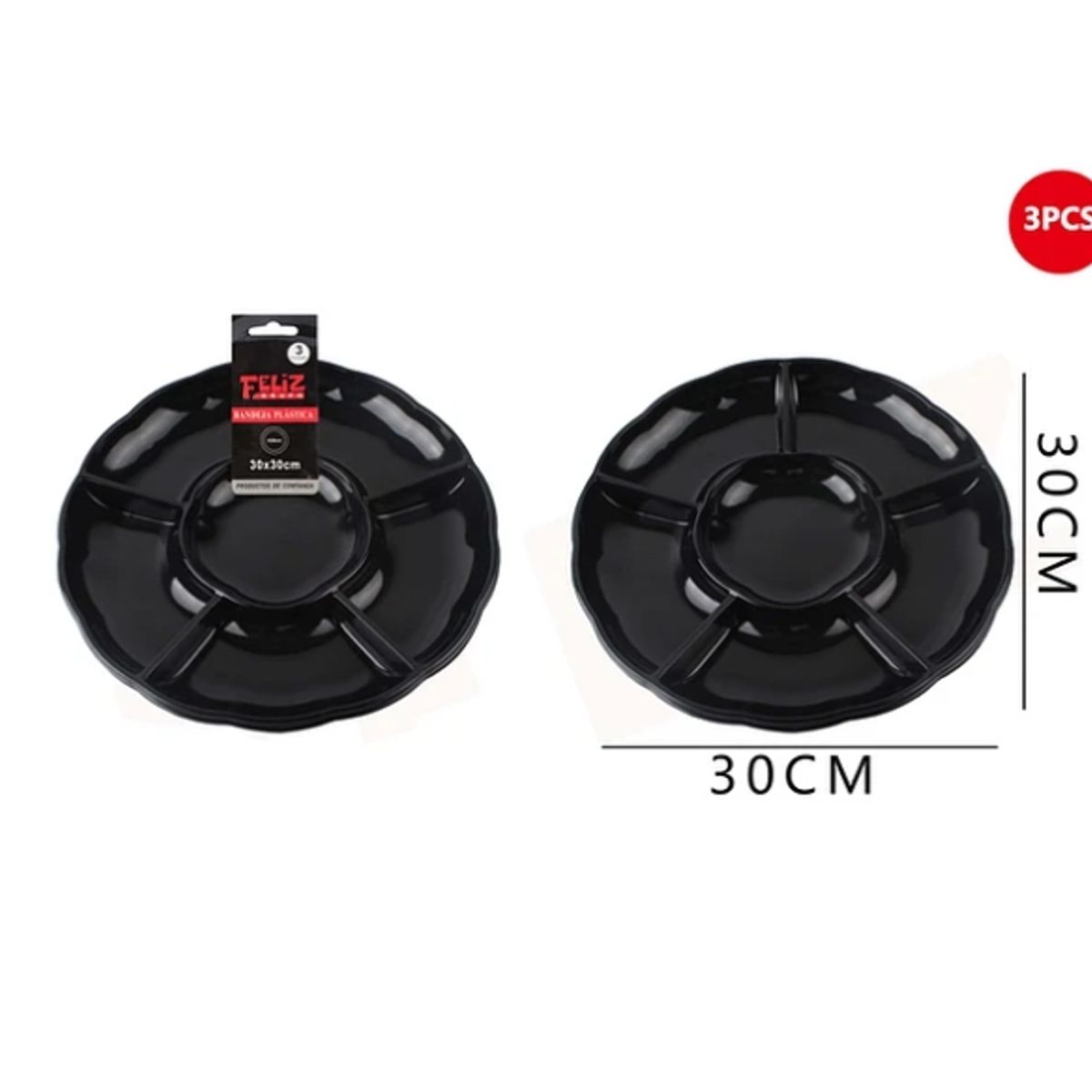 GENERICO - Bandeja Plástica Con Divisiones Negro 3Pcs 30Cm