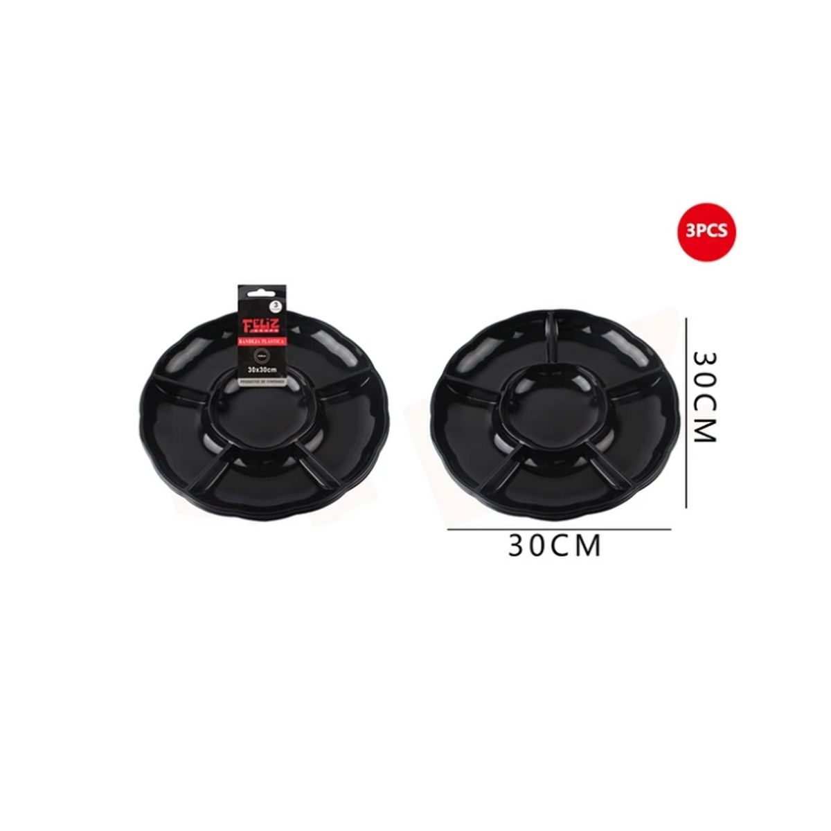 GENERICO - Bandeja Plástica Con Divisiones Negro 3Pcs 30Cm