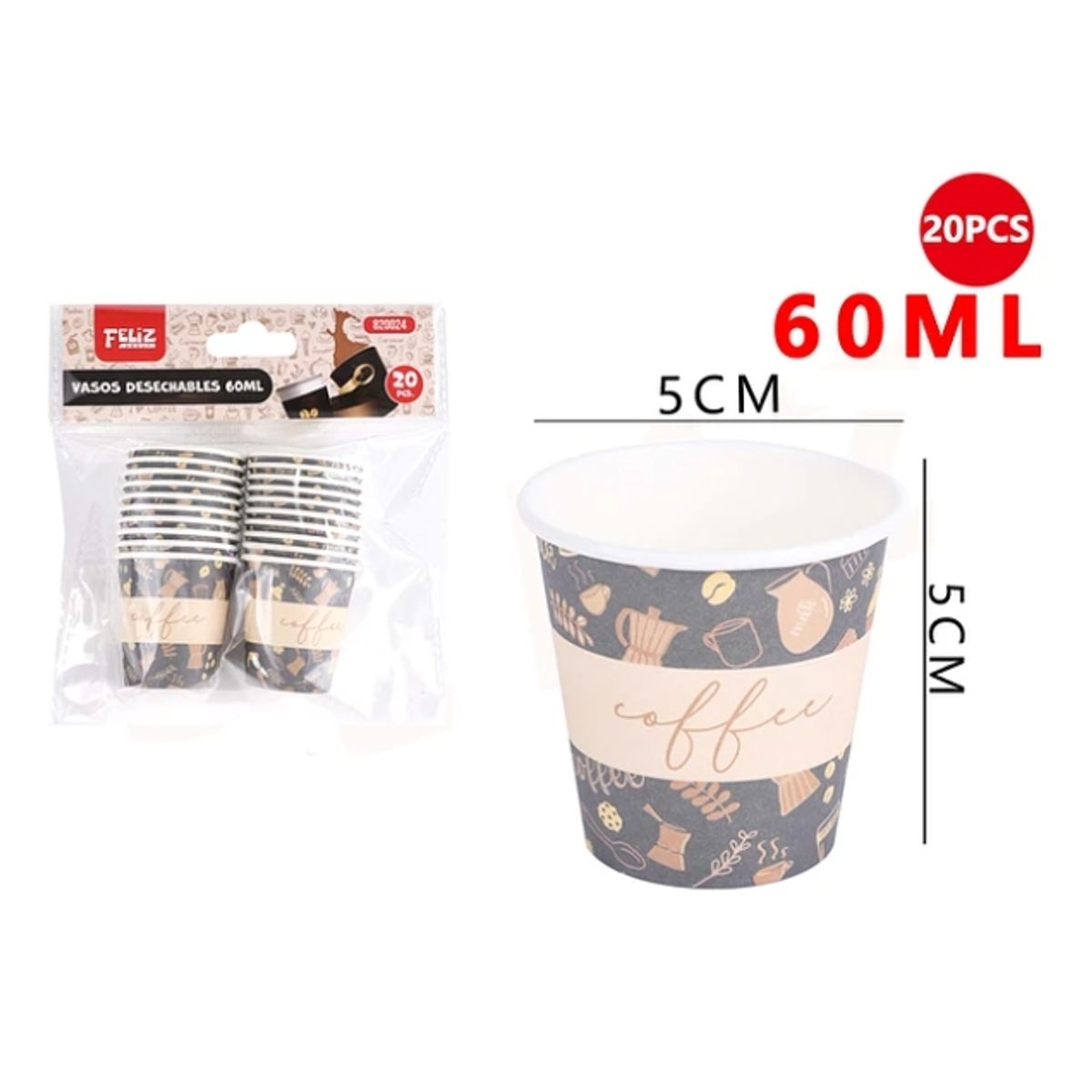 GENERICO - Vasos Desechables Coffe Con Diseños 60 Ml 20 Pcs