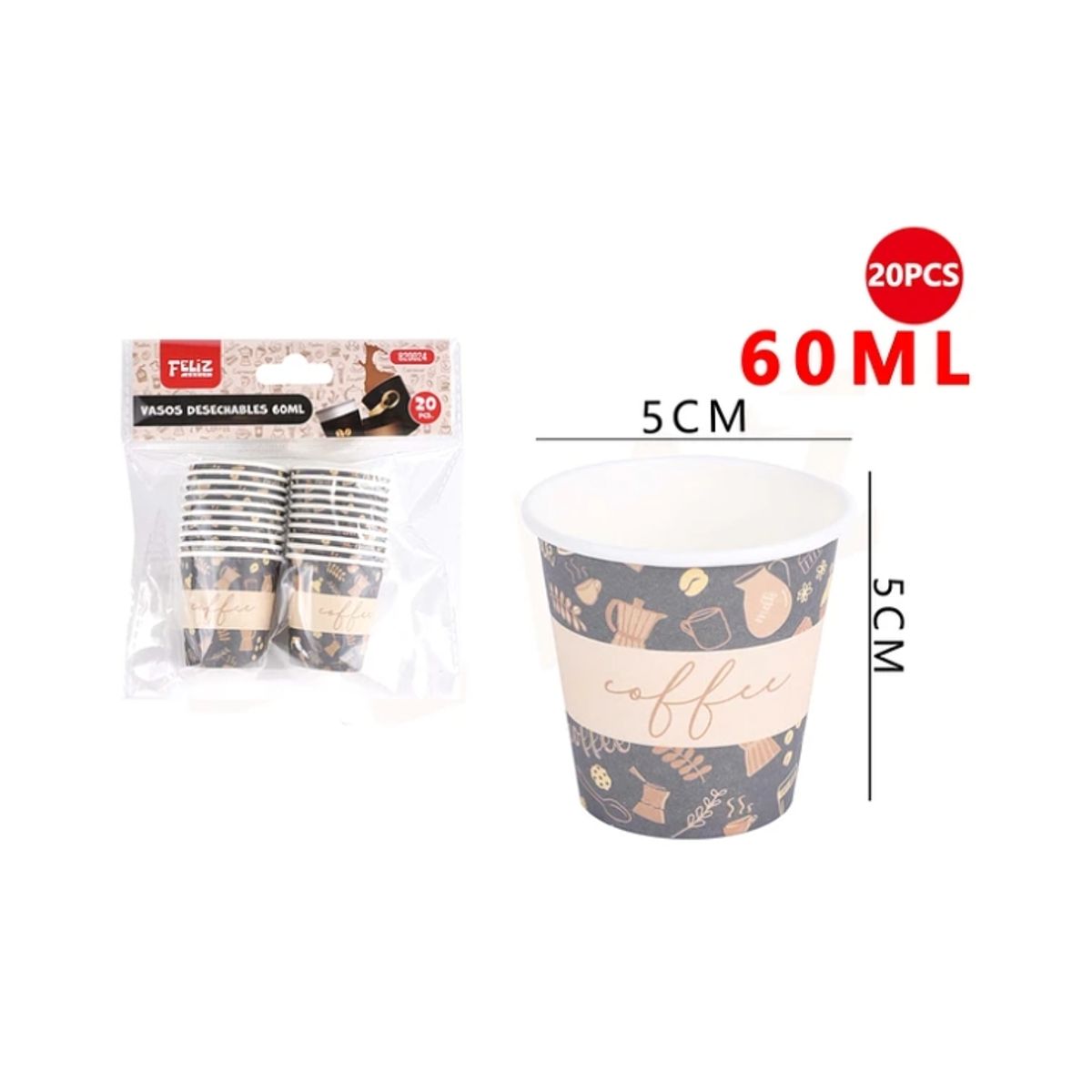 GENERICO - Vasos Desechables Coffe Con Diseños 60 Ml 20 Pcs