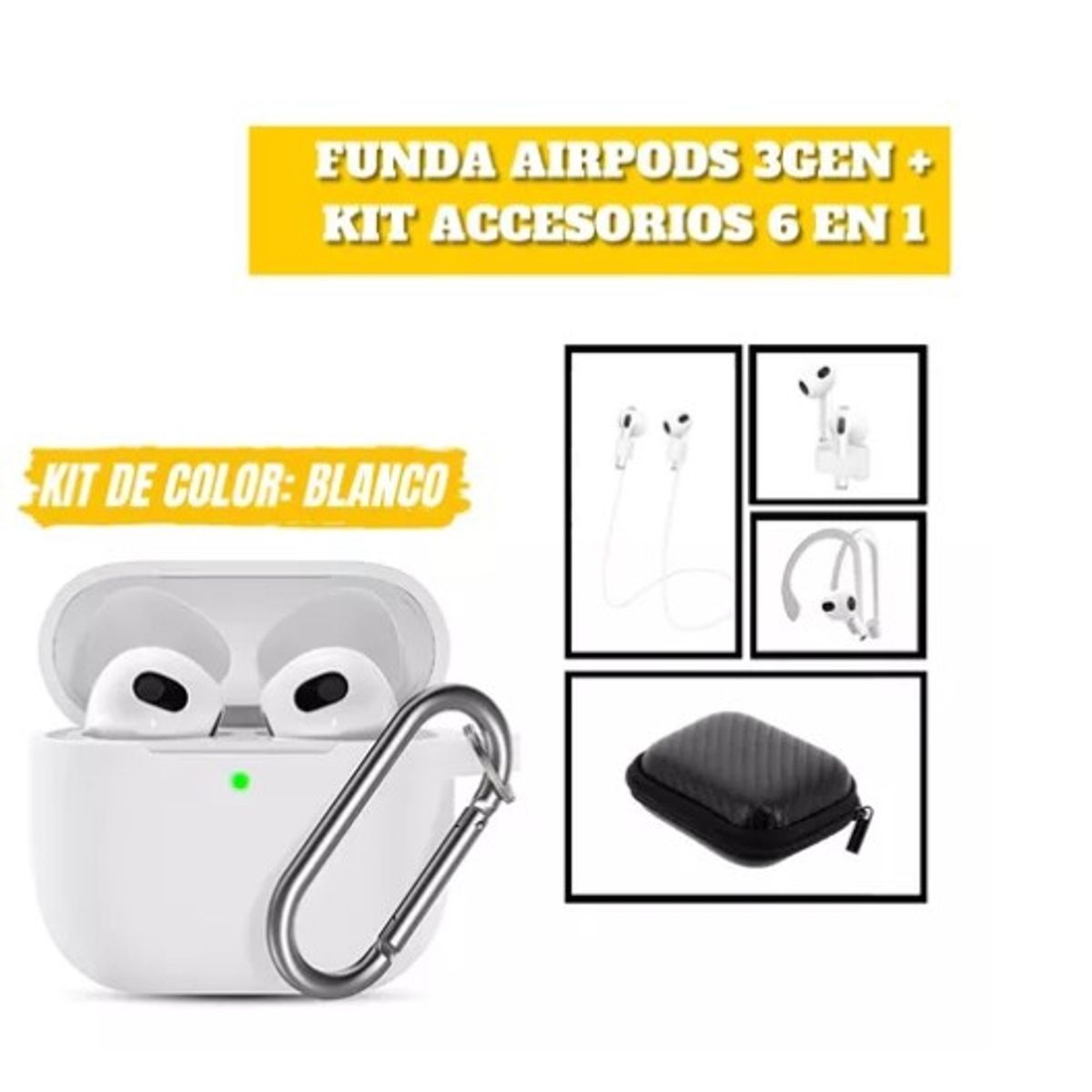GENERICO - Funda Para AirPods 3 Gen Silicona + Set Accesorios 6 En 1 Blanco