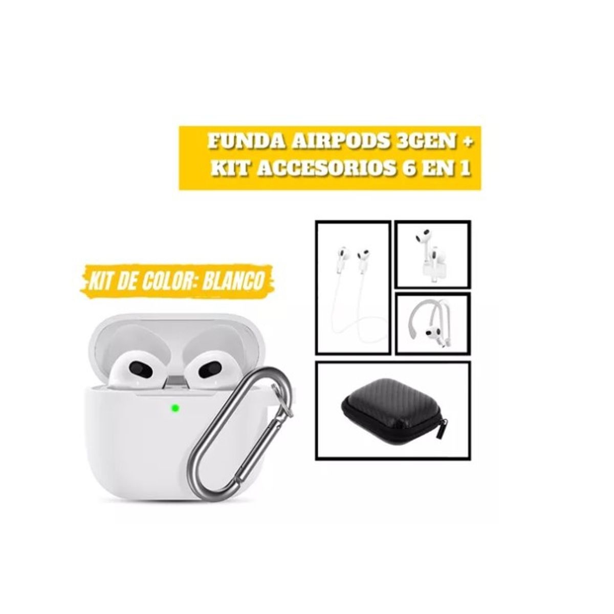 GENERICO - Funda Para AirPods 3 Gen Silicona + Set Accesorios 6 En 1 Blanco