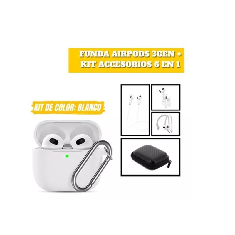 GENERICO - Funda Para AirPods 3 Gen Silicona + Set Accesorios 6 En 1 Blanco