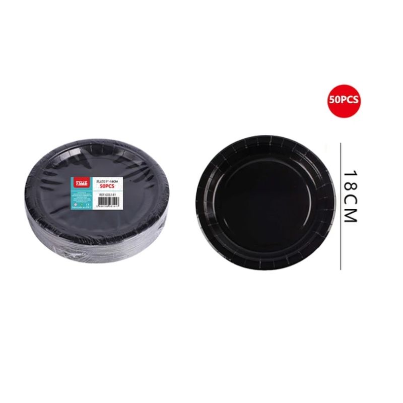 GENERICO - Plato De Carton Negro 18 Cm 50 Pcs