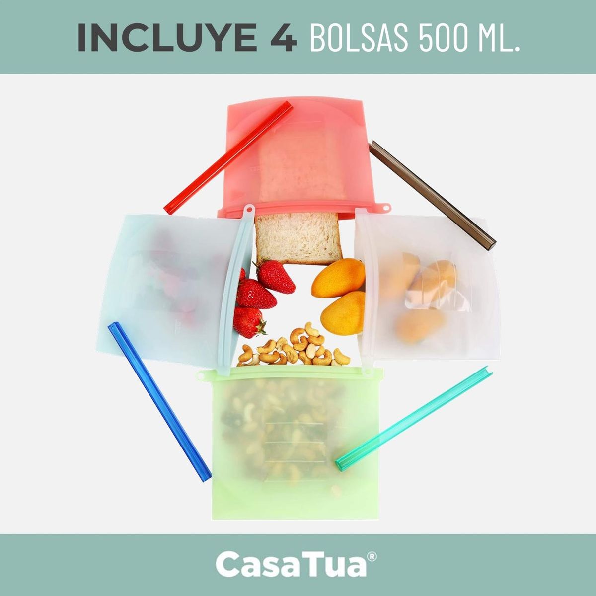 CASATUA - Bolsas Silicona Hermeticas Reutilizables CasaTua Comida Set - Blanco - Pack x4