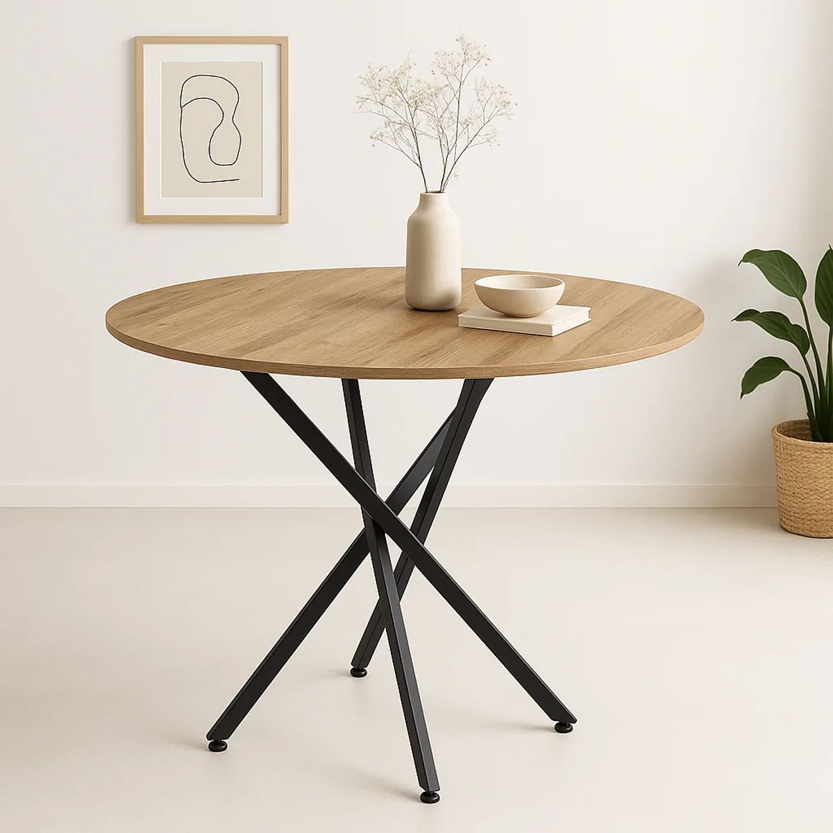 KLIK - Mesa de comedor redonda 100cm color madera clara enrejada - Café Claro