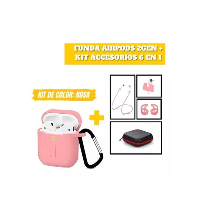 GENERICO - Funda Silicona AirPods 2gen Set De Accesorios 6 En 1 Rosa