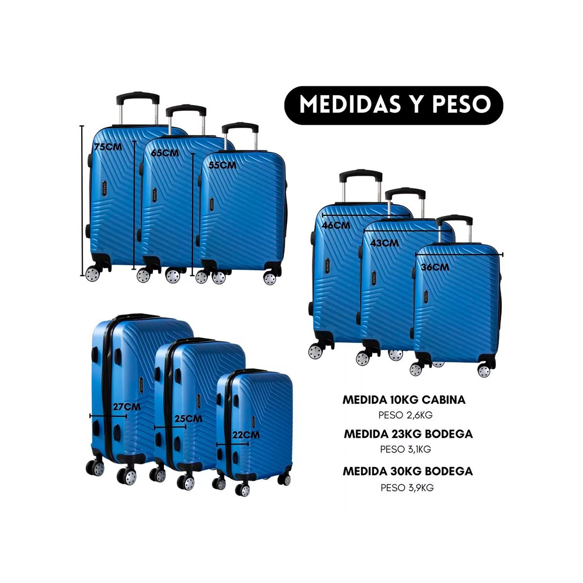 GENERICO - Set 3 Maletas Viaje 10 23 30 Kg Equipaje Rueda Cabina Avión
