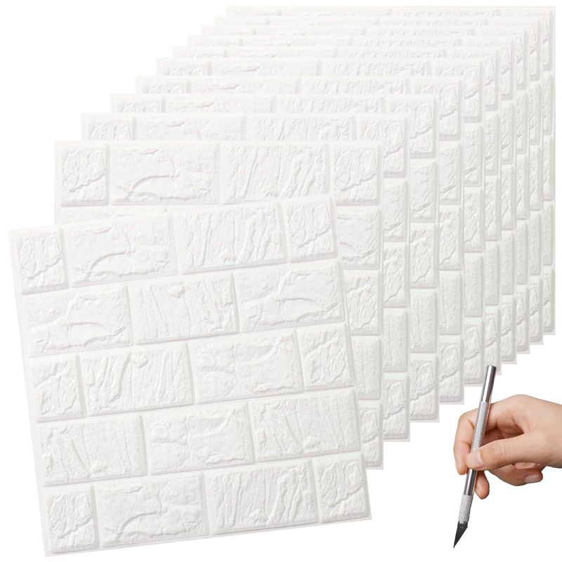 EVERSO - Pack 10 Lamina Papel Mural Autoadhesivo 3d Ladrillo 70 x 77 cm Blanco