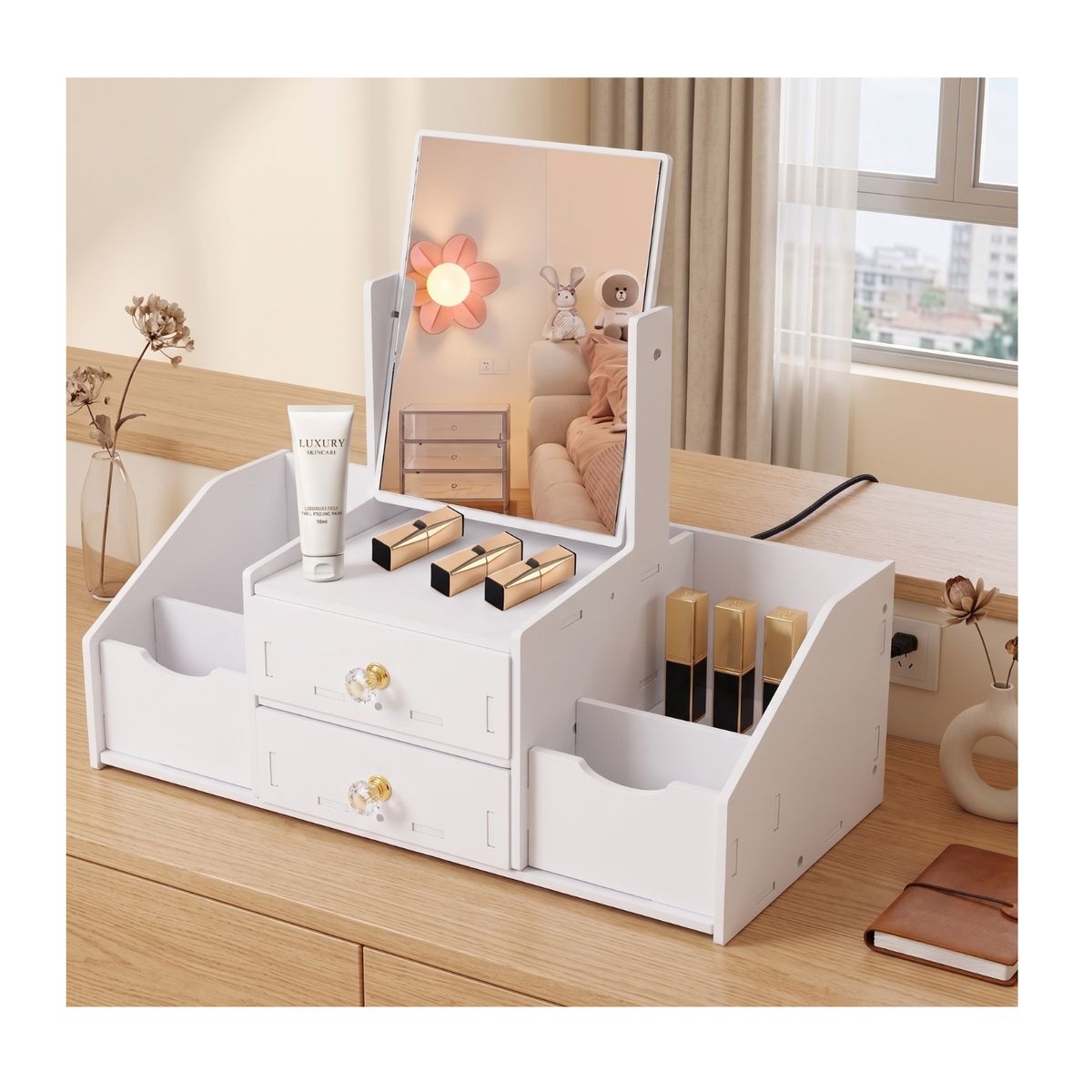 GENERICO - Organizador De Maquillaje Con Espejo Y Cajones Rectangular Tipo Tocador