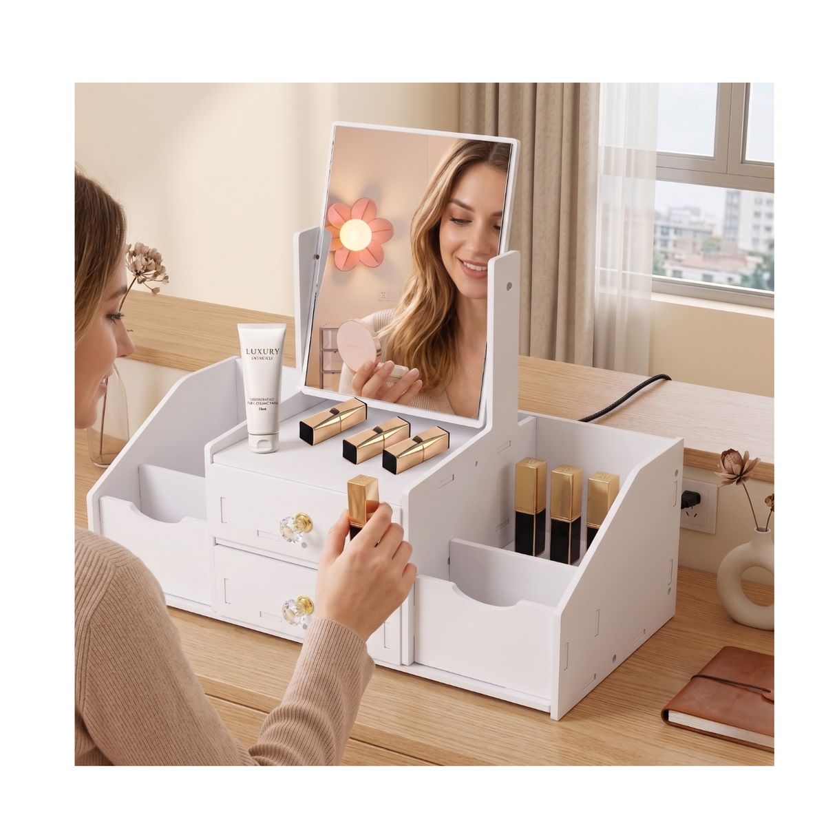 GENERICO - Organizador De Maquillaje Con Espejo Y Cajones Rectangular Tipo Tocador