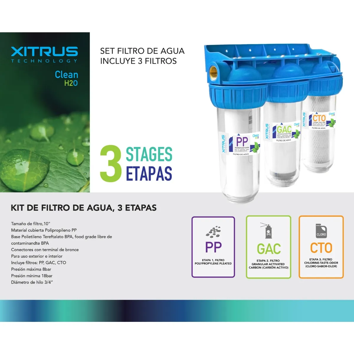 GENERICO - Purificador de Agua 5 Micras Filtro de Osmosis Inversa de 3 Etapas