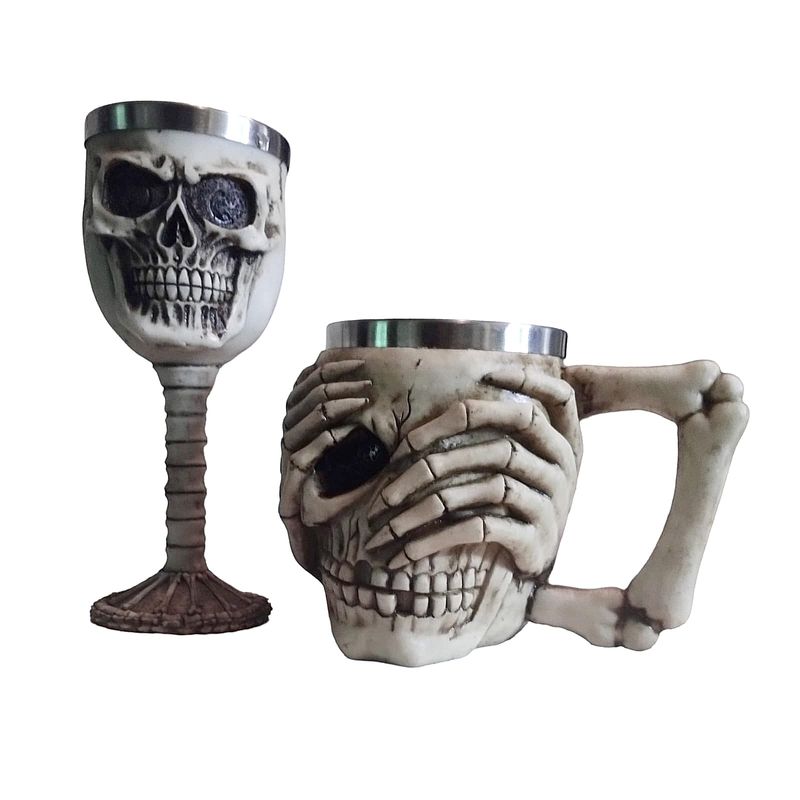 GENERICO - Pack Copa de Vino y Tazón Mug Calavera Resina