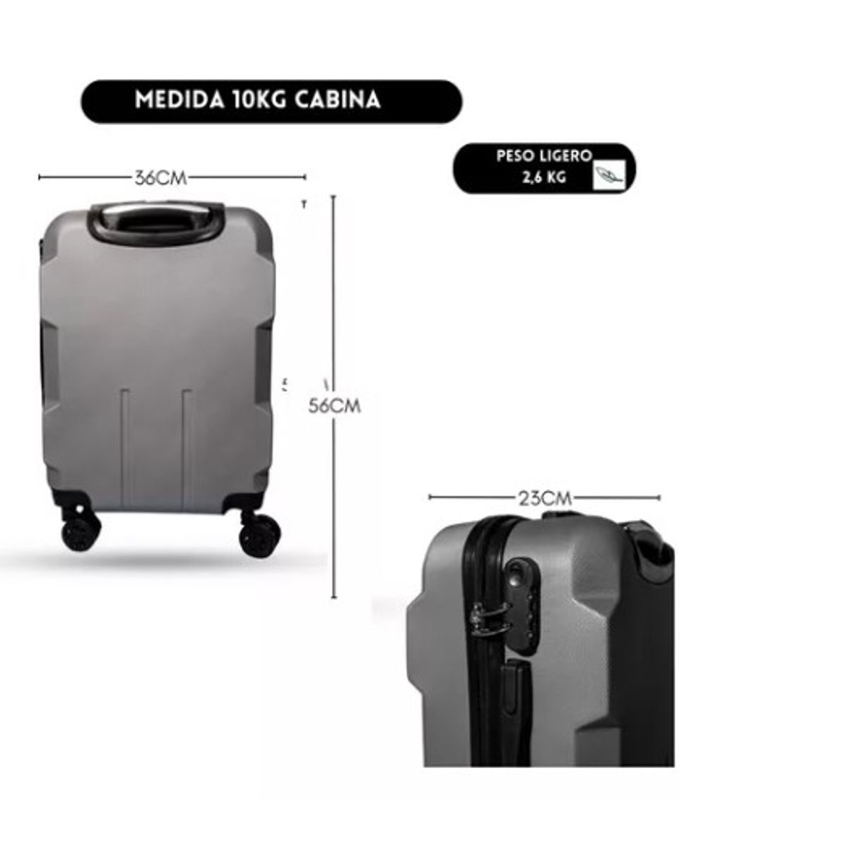 GENERICO - Maleta De Viaje Pequeña Equipaje Cabina 10 Kg Gris Claro