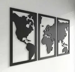 GENERICO - Set De Cuadros Tríptico Mapamundi 30x55 Cm Cu En Madera Mdf