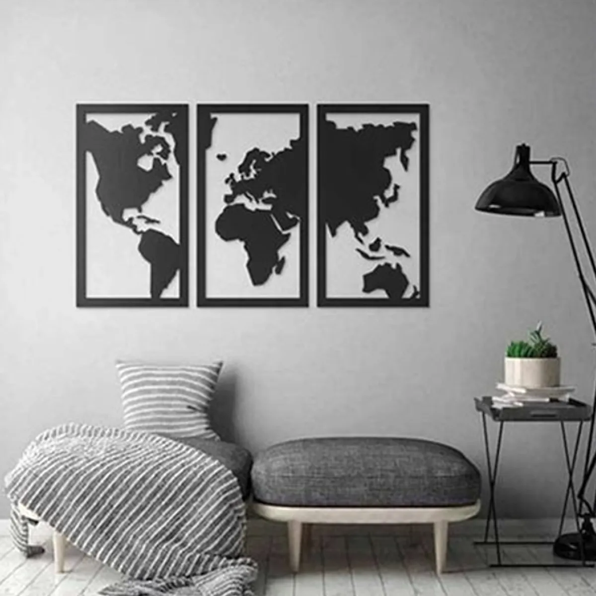 GENERICO - Set De Cuadros Tríptico Mapamundi 30x55 Cm Cu En Madera Mdf