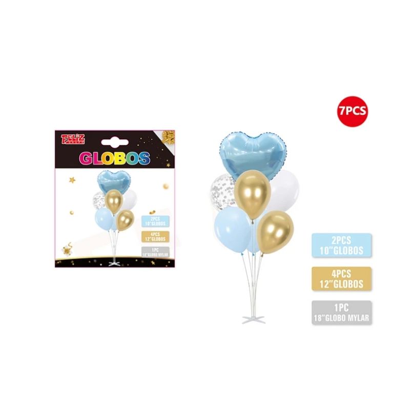 GENERICO - Set Globos Celeste Dorado Y Celeste Con Pedesta 7 Pcs