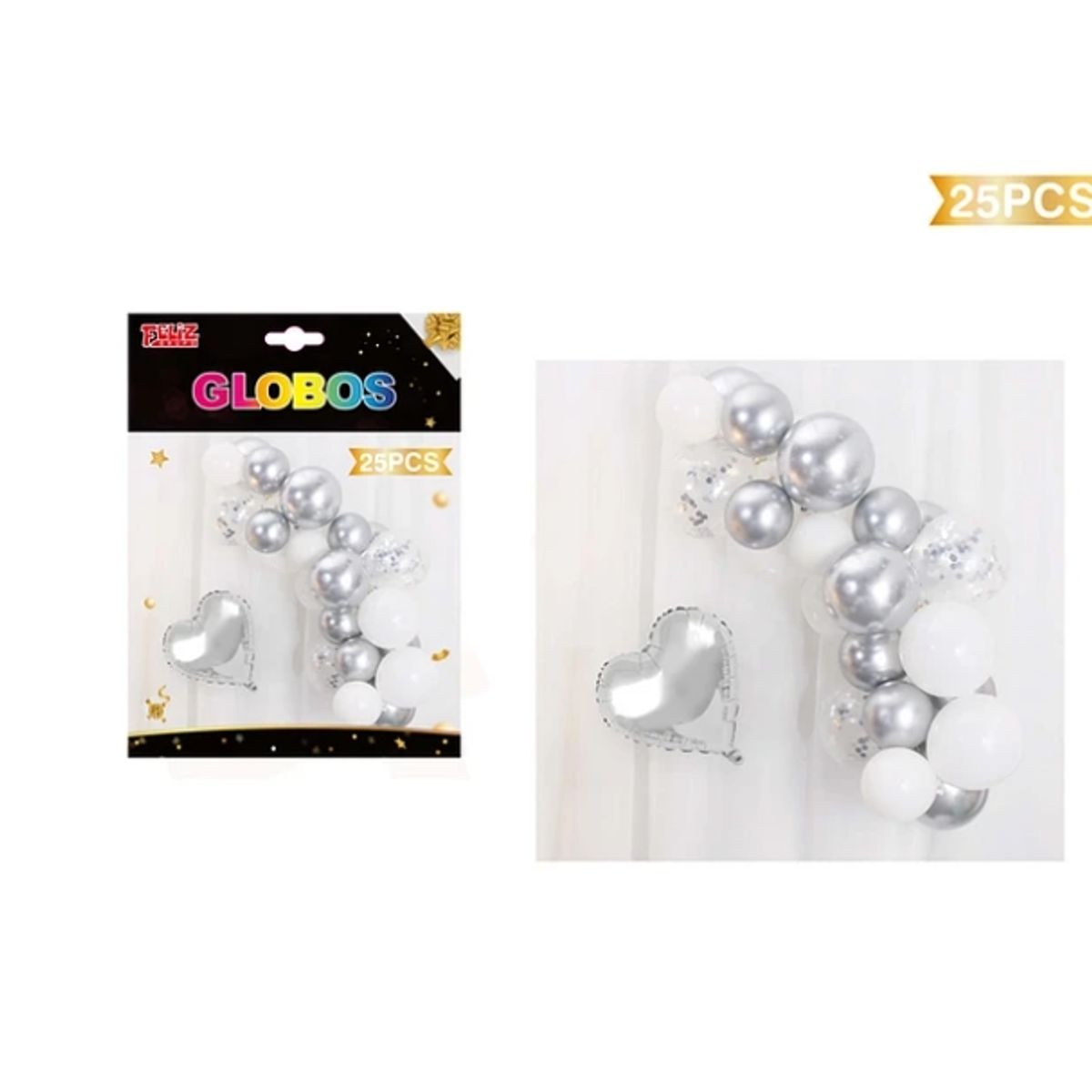 GENERICO - Set Globos Corazón Plateado 25 Pcs